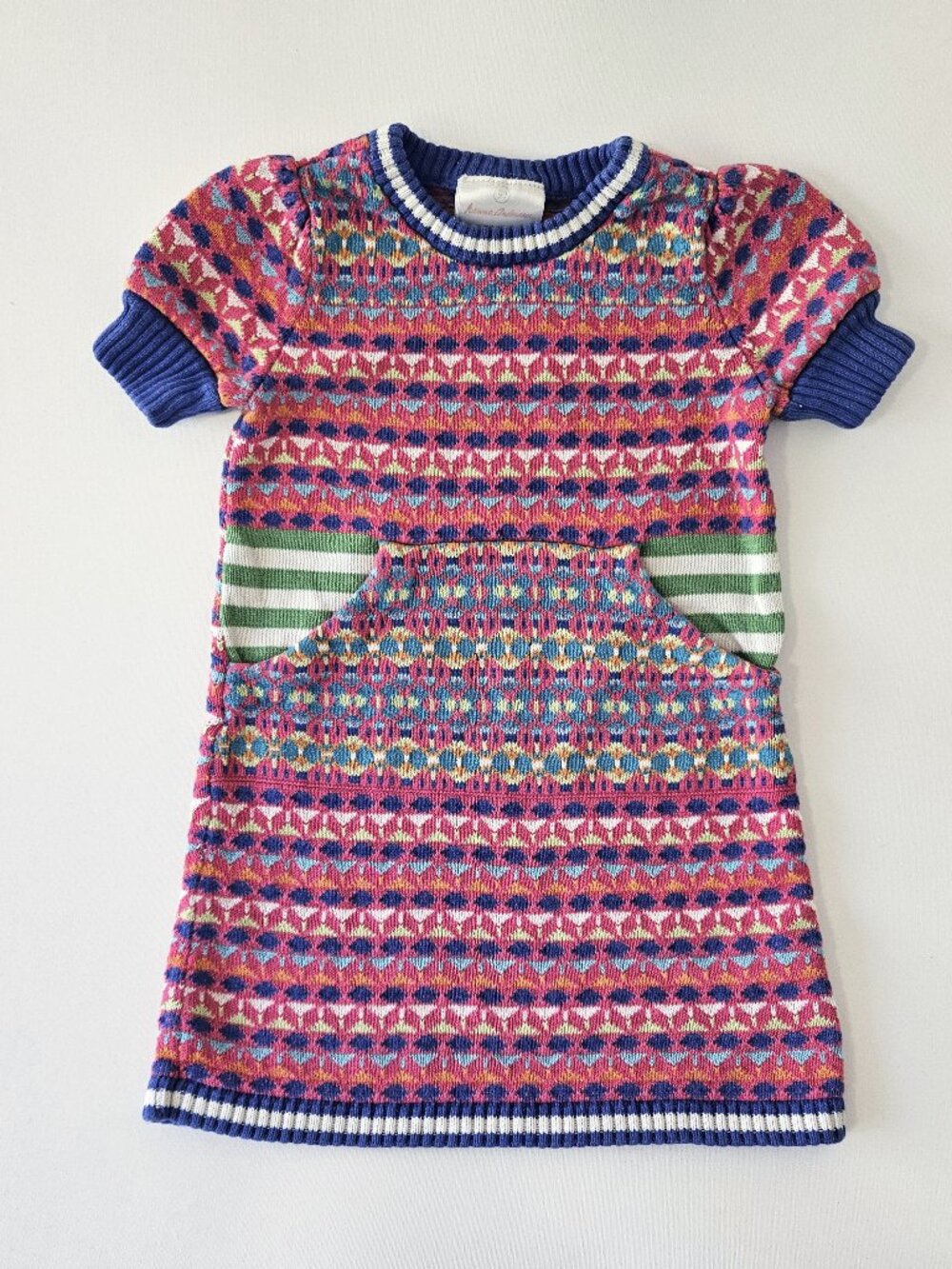 Vintage Hanna Rainbow Cotton Knit Fair Isle Short Sleeve Sweater Dress 2T 90
